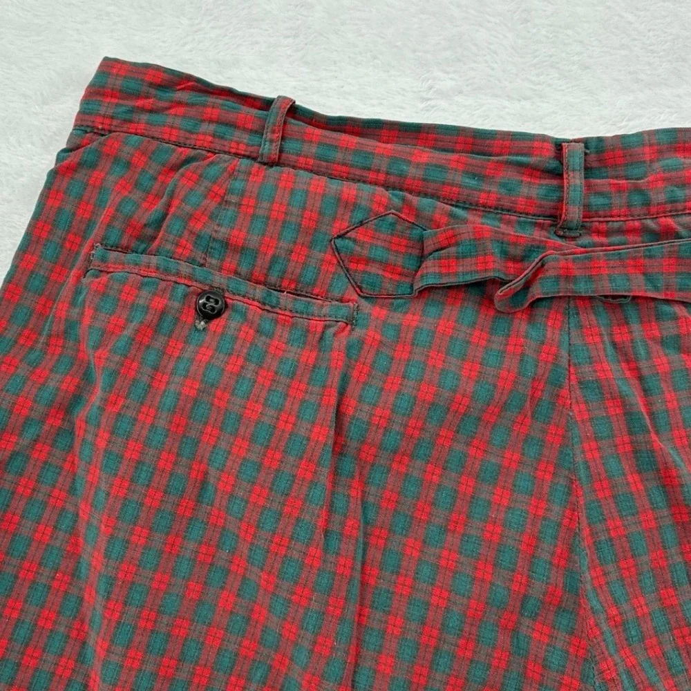 Vintage Red Green Plaid Cinch Back Shorts Men SZ 37 Flat Front Preppy Streetwear
